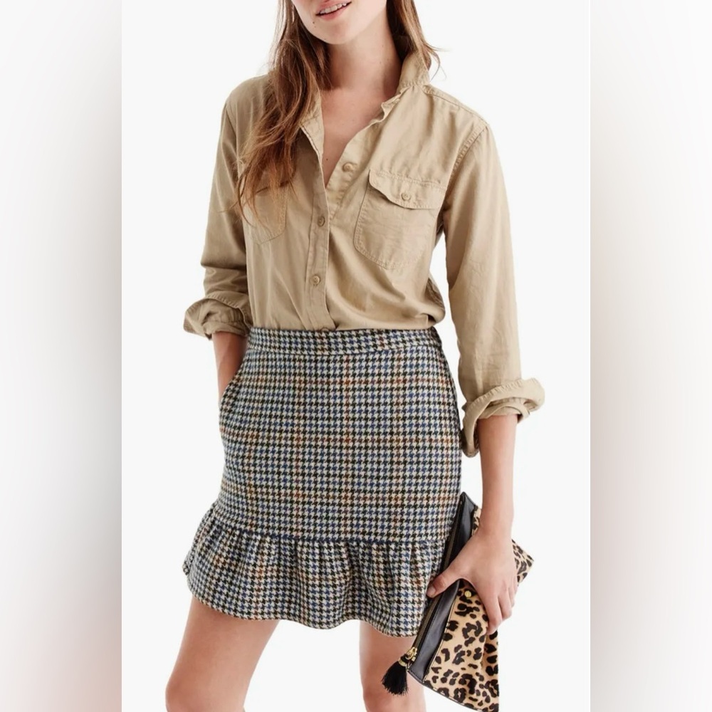 J. Crew Brown 100% Wool Ruffle Houndstooth Mini Skirt